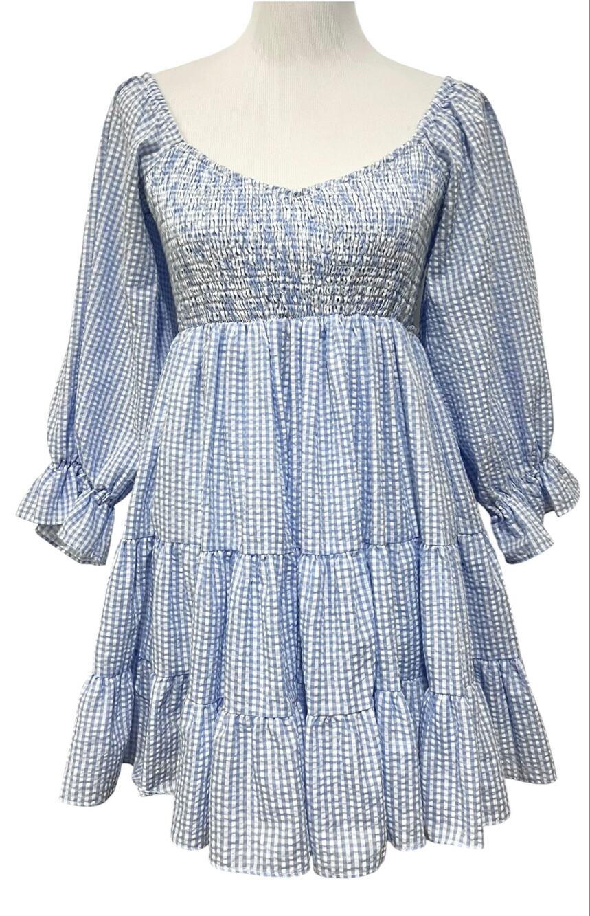 MABLE Blue Gingham Smocked Tiered Babydoll Mini Dress Women’s Large